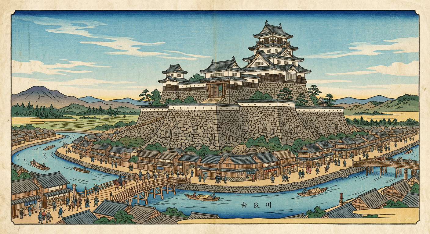 1580年、丹波を平定した明智光秀は福知山城を近世城郭へ大改修。転用石の石垣や治水事業、地子銭免除など善政で知られ、領国経営の拠点とした。