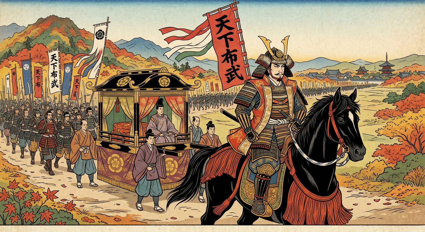 永禄11年（1568年）、織田信長は足利義昭を奉じ上洛。電撃戦で六角氏を破り京都を制圧。義昭を将軍に据えつつ「殿中御掟」で実権を掌握、新時代を切り開いた。