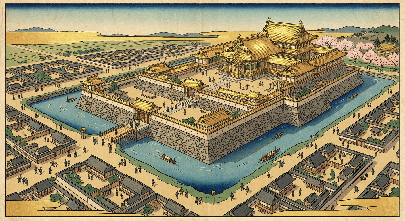 天正十五年、豊臣秀吉は京都内野に聚楽第を造営。政庁、居館、城郭を兼ね、天下普請で築く。後陽成天皇行幸で大名統制を強化したが、秀次事件で破却され、栄華は短命に終わった。