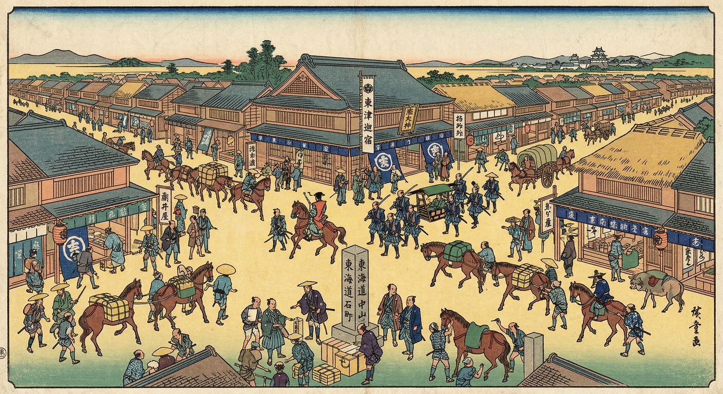 草津宿は、1601年に徳川家康が整備した東海道と中山道の結節点。関ヶ原後の国家交通網の中核として、伝馬制度により人流・物流・情報流を掌握し、江戸時代の安定を支える重要な役割を担った。