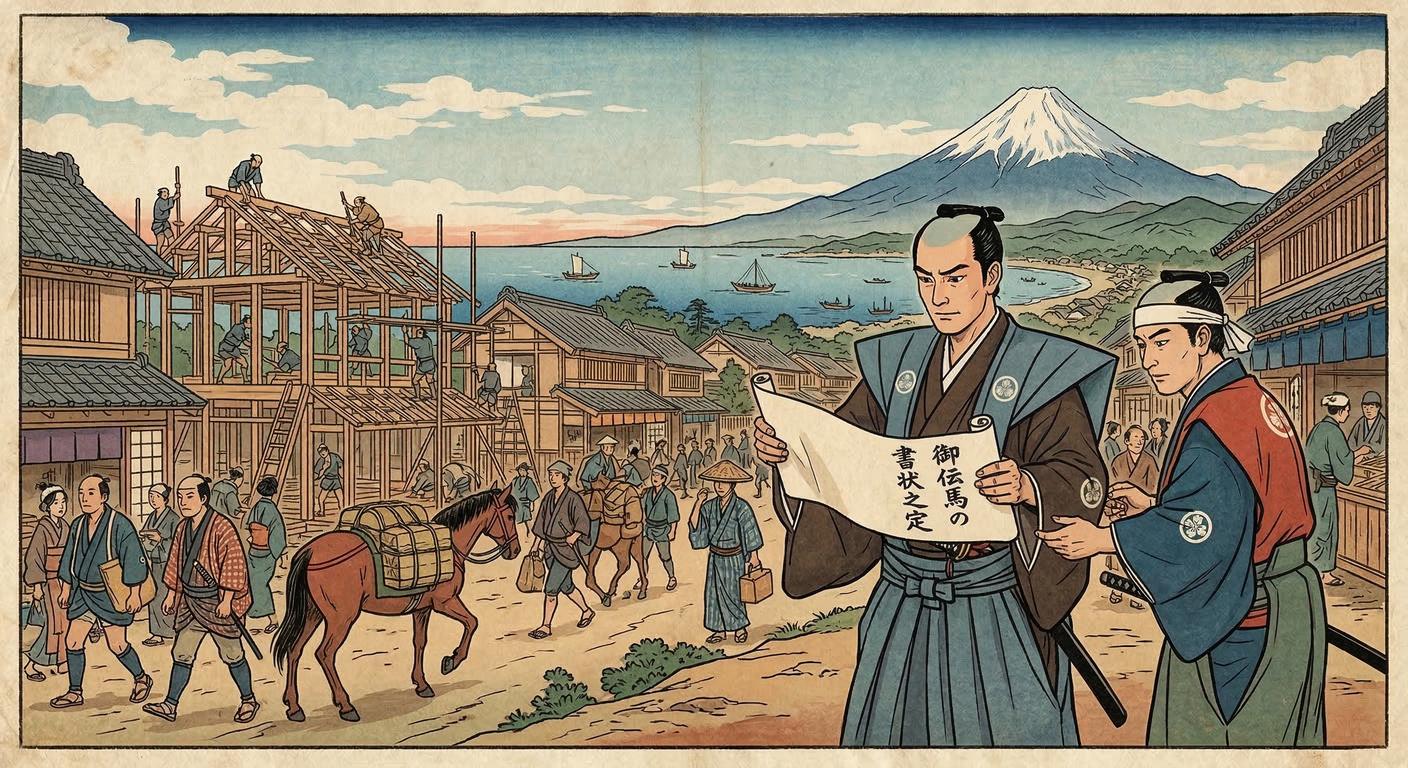 徳川家康は1601年、東海道の要衝蒲原宿を整備。戦国終焉と近世黎明を象徴し、交通網掌握による国家統治の基盤を確立。宿駅伝馬制度で人馬を確保し、地域を統制。