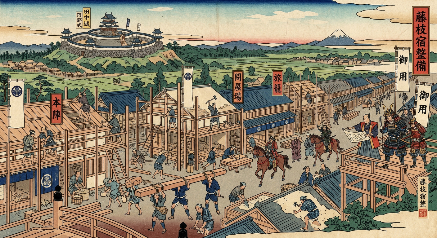 1601年、徳川家康は東海道藤枝宿を整備。関ヶ原後の天下統一に向け、田中城と一体化し、戦国終焉と江戸の統治システムを象徴する重要な拠点となった。