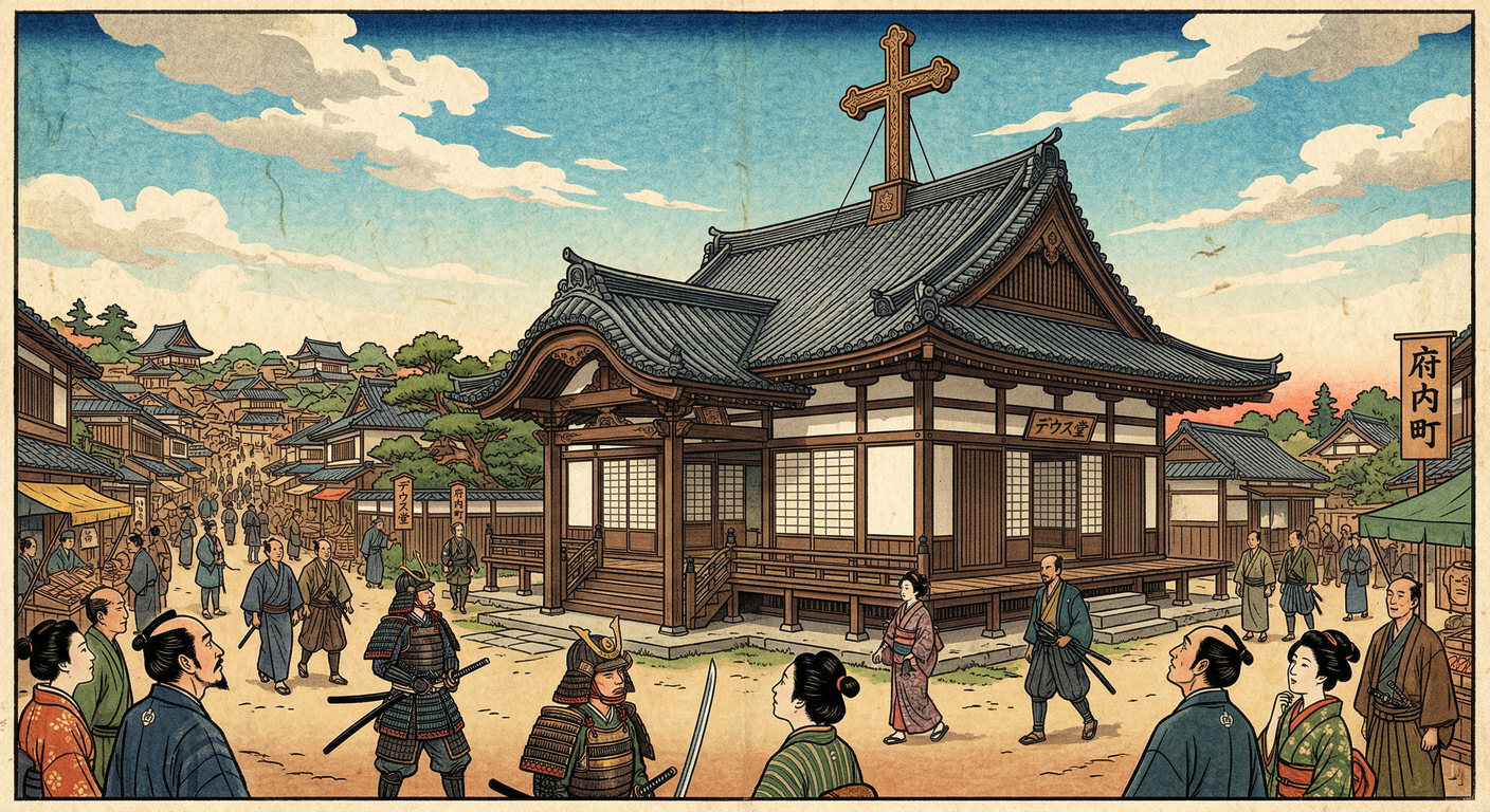 1552年、豊後府内にキリスト教布教拠点が確立。大友宗麟の庇護のもと、デウス堂が建設され、西洋文化と医療が花開いた。しかし、宗麟の過激な信仰と島津軍の侵攻により、わずか33年で理想郷は灰燼に帰した。