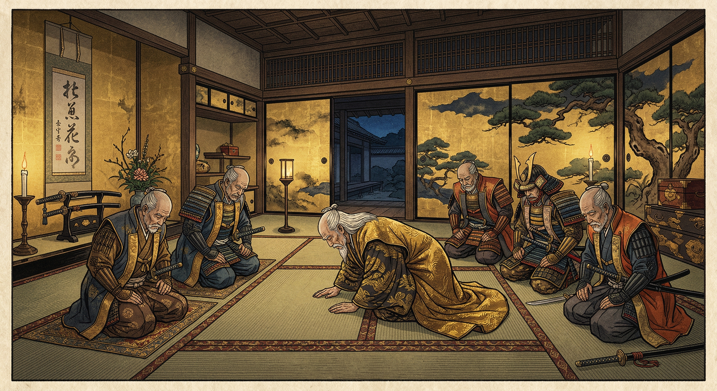 1598年、豊臣秀吉死去。幼い秀頼への継承のため五大老・五奉行制度を構築したが、朝鮮出兵と秀吉の死が豊臣政権崩壊を招き、徳川家康の台頭を許し関ヶ原へ繋がった。