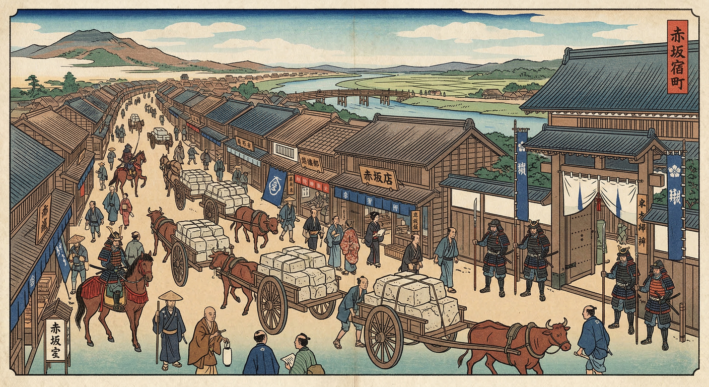 慶長7年（1602年）、徳川家康は関ヶ原の戦い後、中山道赤坂宿を整備。戦国時代の遺産を継承し、陸運と水運を結ぶ交通・物流の要衝として、幕藩体制確立に貢献。