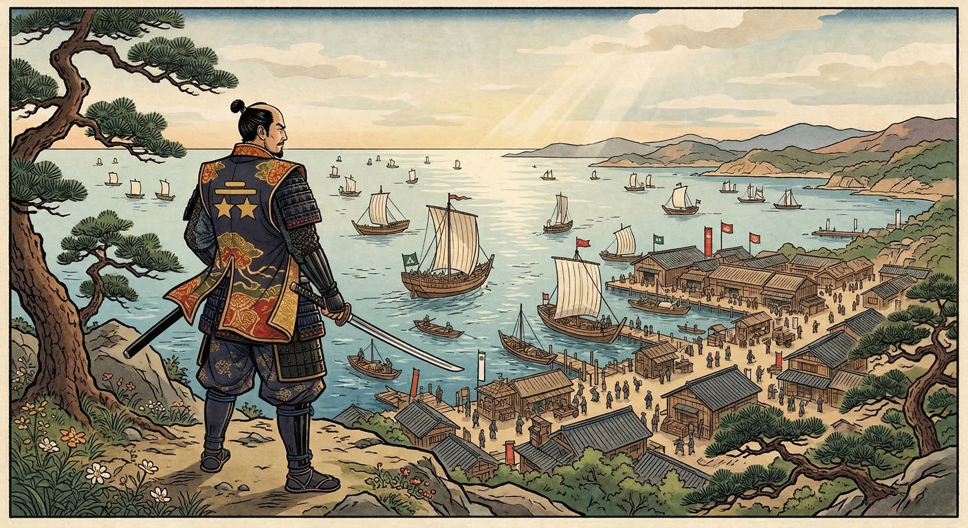 慶長五年、関ヶ原敗戦で毛利氏は大減封。赤間関港は軍事要衝から経済生命線へ転生。長府藩が管理し、北前船寄港地として繁栄。これは毛利家再建の象徴であり、港湾都市の再生を物語る。