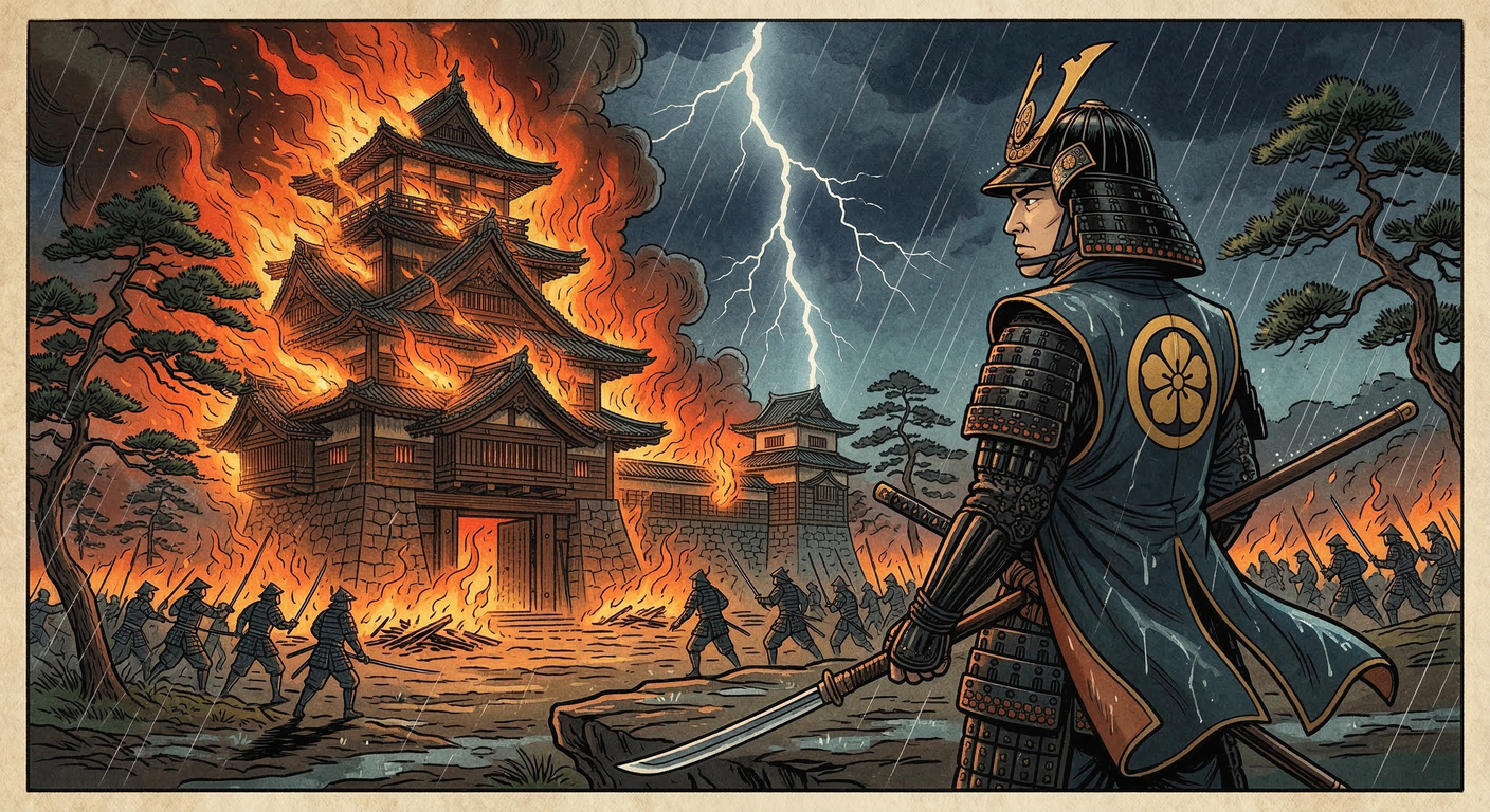 慶長7年、金沢城が落雷で大火。天守焼失、弾薬庫爆発で甚大な被害。徳川の監視下、前田利長は天守再建を断念し、御三階櫓を建造。戦国終焉と近世幕開けを告げる象徴的な出来事となった。