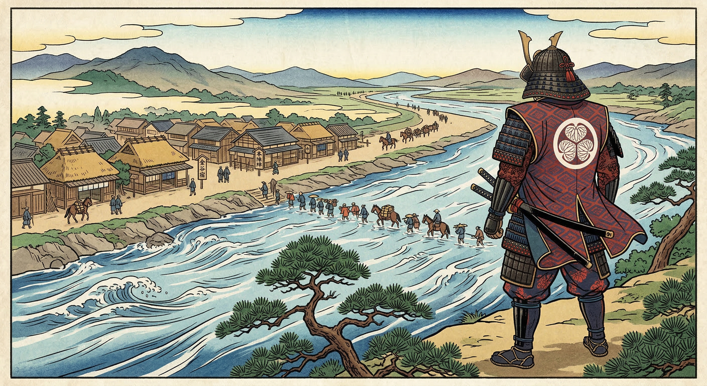 1601年、徳川家康は東海道金谷宿を整備。関ヶ原後の天下統一に向け、大井川越えの要衝として、戦国終焉と泰平への布石を担う重要な役割を果たした。