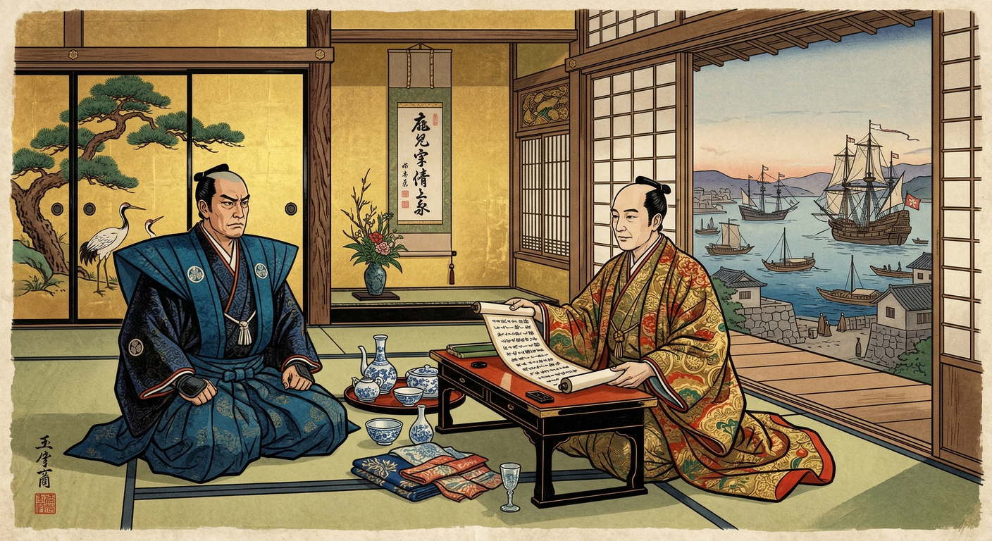 慶長八年（1603年）、徳川家康は長崎に代官を設置し、豊臣政権下の国際港湾都市の統治を再編。家康の朱印船貿易の要衝として、奉行・代官の二元統治体制を確立。鎖国体制への序章。