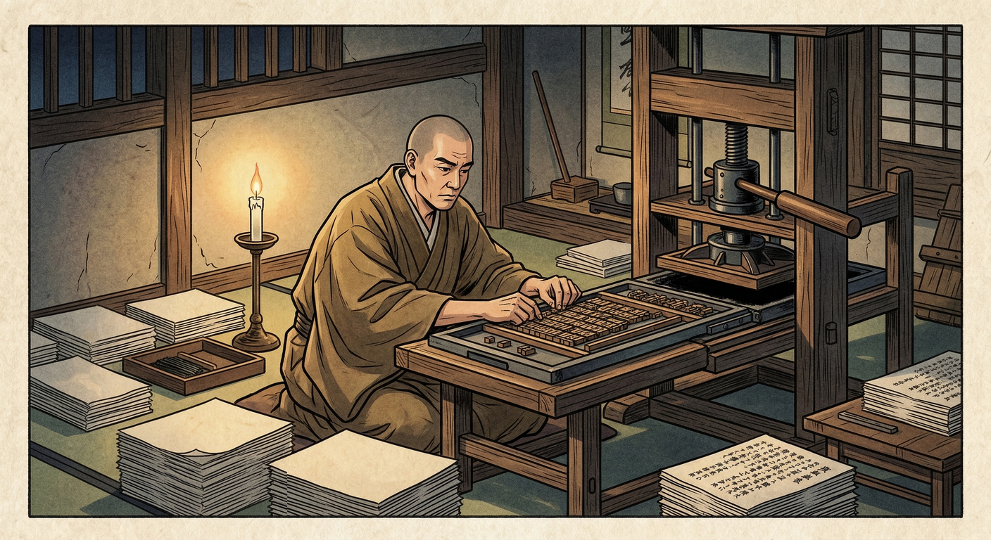 1590年、長崎で日本初の活版印刷所が開設。秀吉の追放令下、ヴァリニャーノの戦略と天正遣欧少年使節の尽力で実現。キリシタン版を出版したが、禁教により終焉を迎えた。