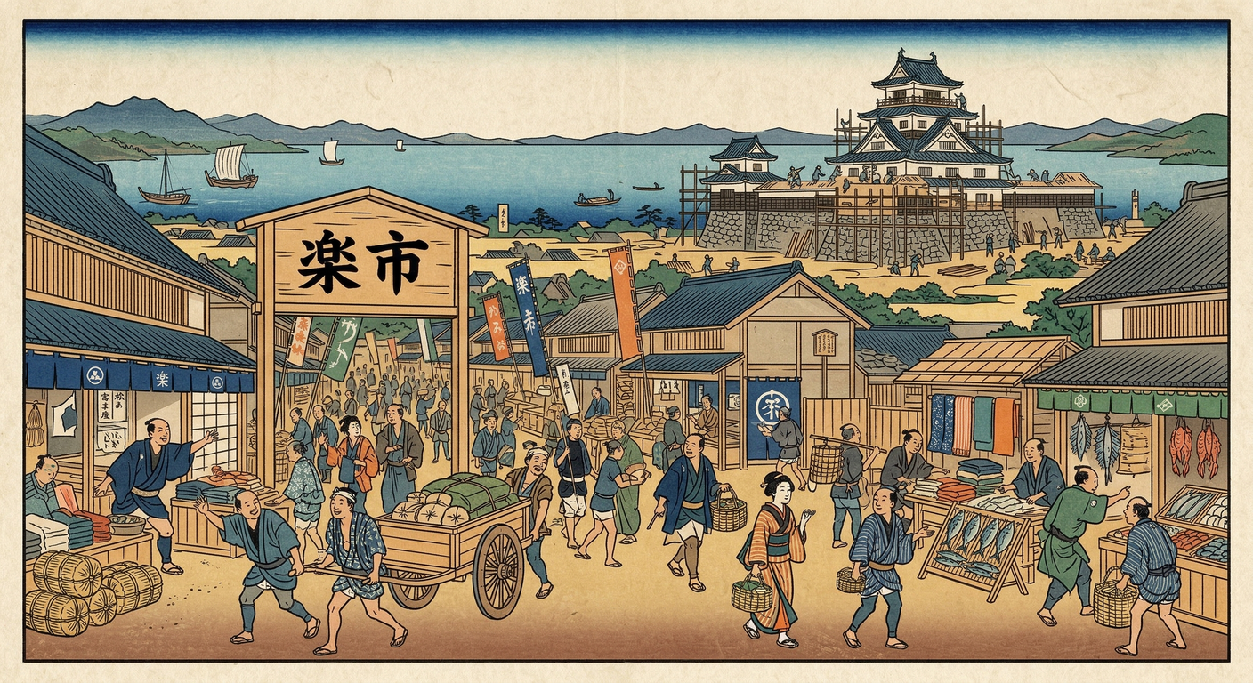 天正元年、秀吉は長浜に楽市令を発布。座の特権を廃止し、税免除と営業の自由で商人誘致。長浜は急速に発展し、秀吉の経済基盤を確立。この「長浜モデル」は秀吉の都市経営の原点となった。