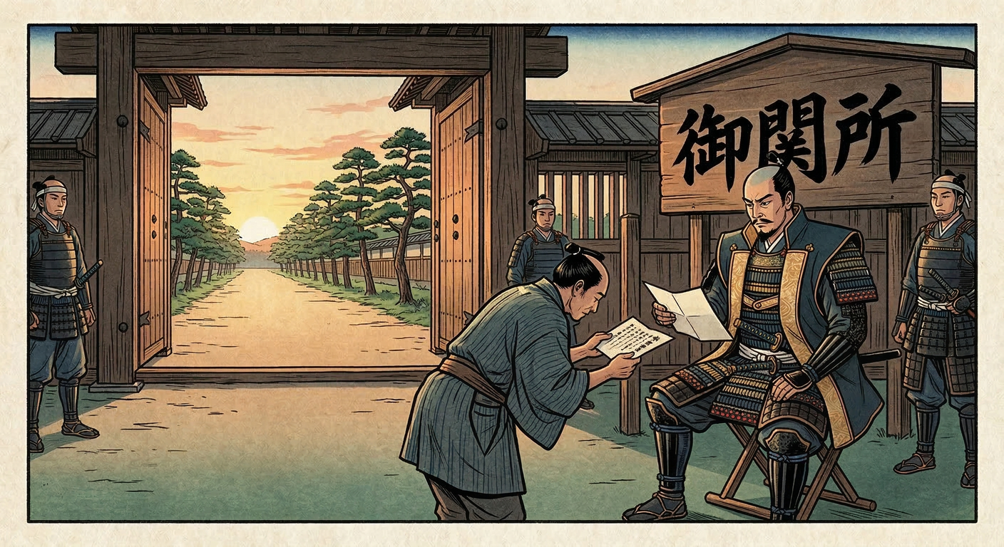 慶長9年、徳川幕府は関所を再編。戦国期の私関を撤廃し、江戸防衛と大名統制を目的とした公儀関所を設置。「入り鉄砲に出女」を厳しく監視し、260年の泰平を築く基盤とした。