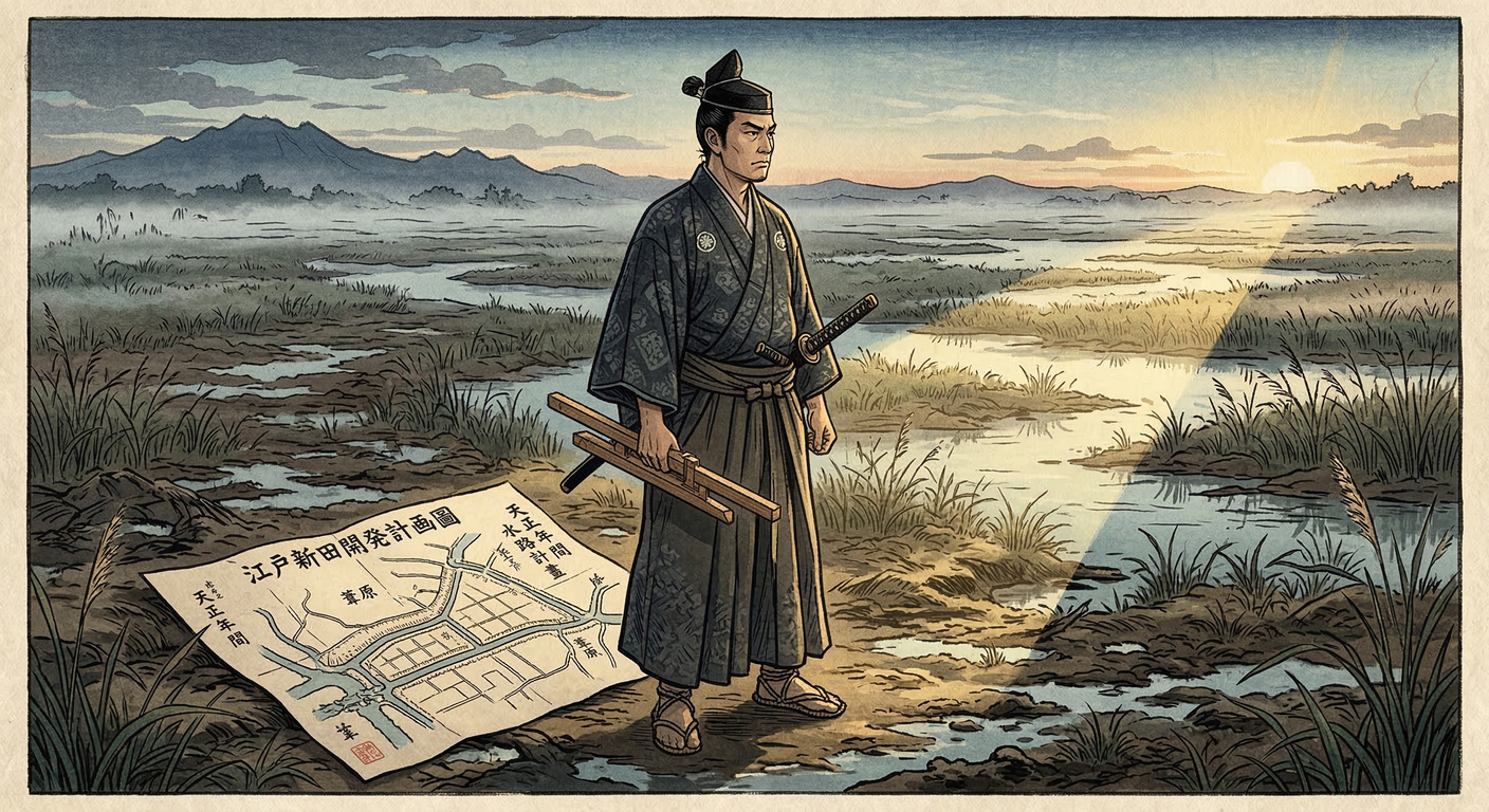 慶長8年、徳川家康は江戸幕府を開き関東郡代を設置。伊奈忠次・忠治親子は利根川東遷や荒川瀬替えで関東平野を開発。江戸の繁栄と幕府の基盤を築き、泰平の世を支えた。