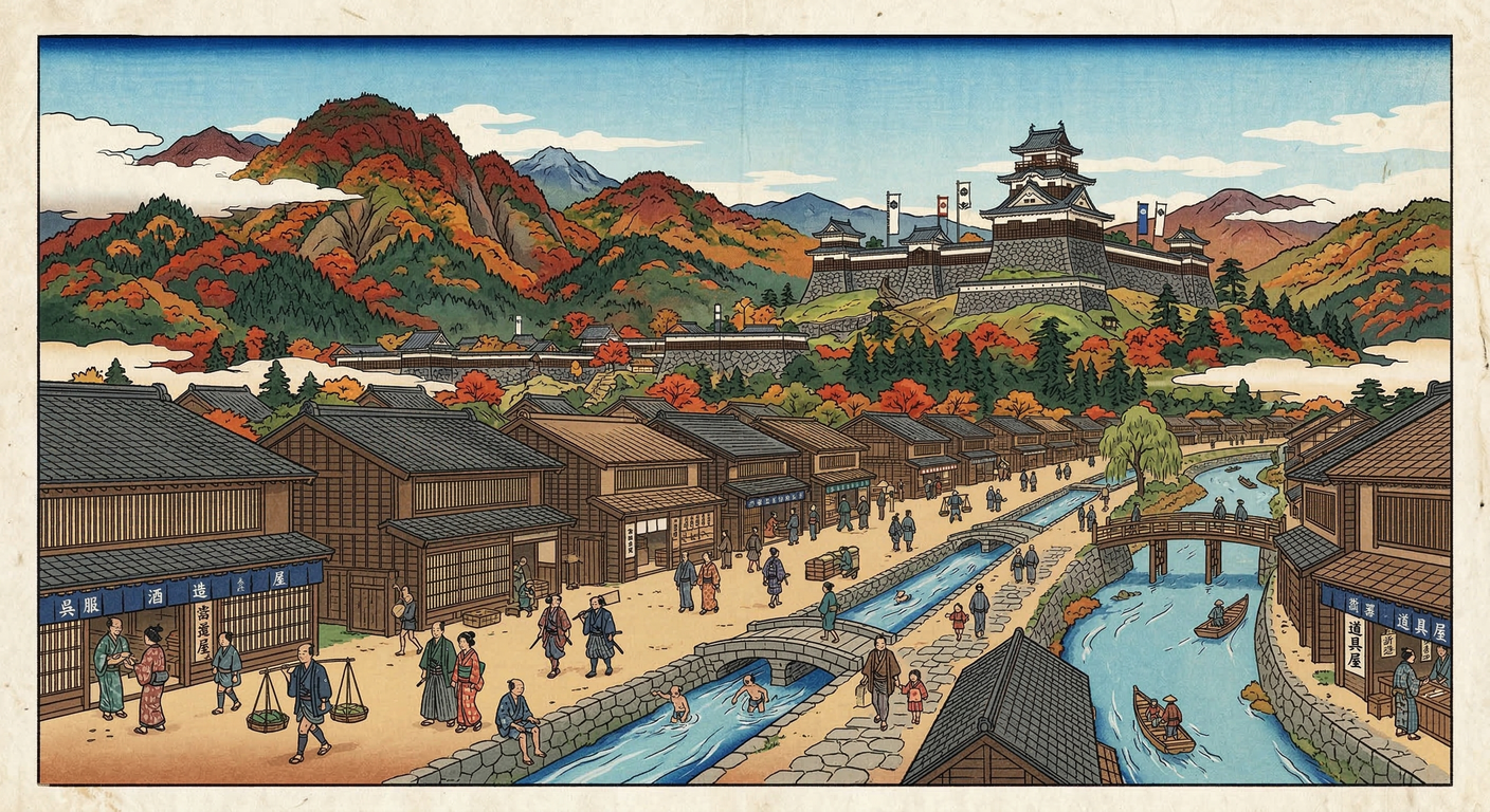 豊臣秀吉の命を受けた金森長近は、飛騨を平定し高山城下町を建設。米に頼らぬ山林・鉱山資源を基盤とした経済を確立し、統治思想を反映した都市設計で高山を繁栄させた。