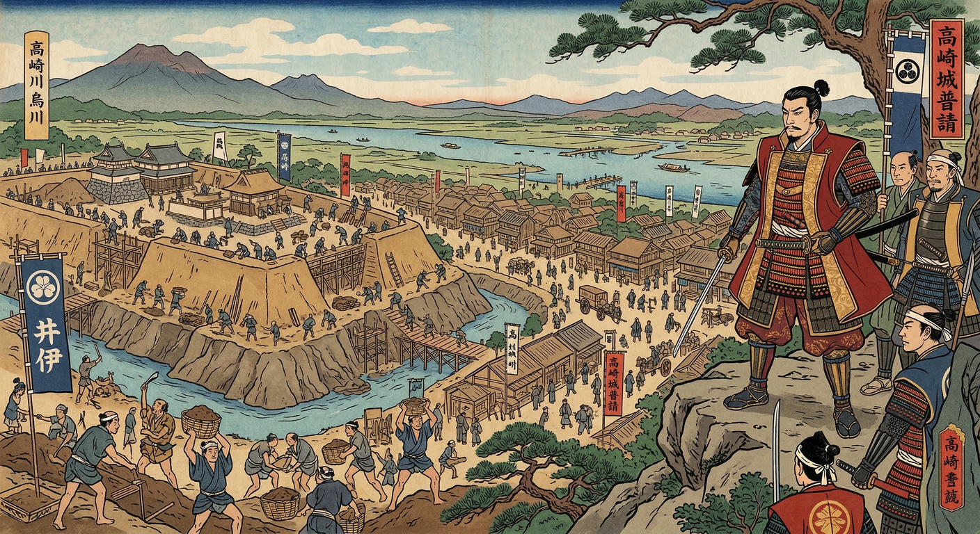 慶長3年、家康は対上杉の要衝として井伊直政に高崎城築城を命じた。交通の要地に新城を築き、城下町ごと移転させることで、徳川支配の礎を築いた。