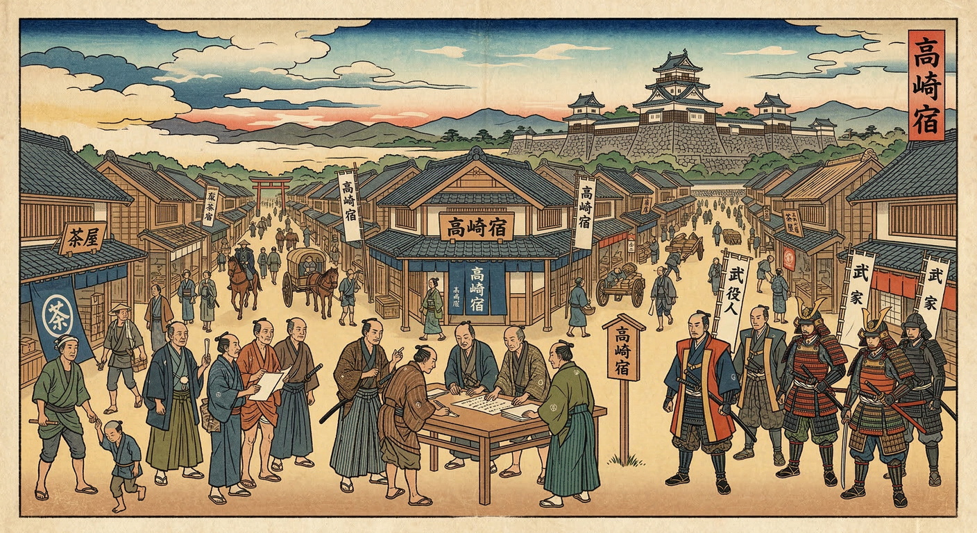 高崎宿整備（1602年）は、関ヶ原後の家康による中山道整備。上野国を徳川の秩序に組み込む戦略的要衝として、井伊直政の城下町建設と連携し、軍事・経済・行政の複合拠点へと発展。