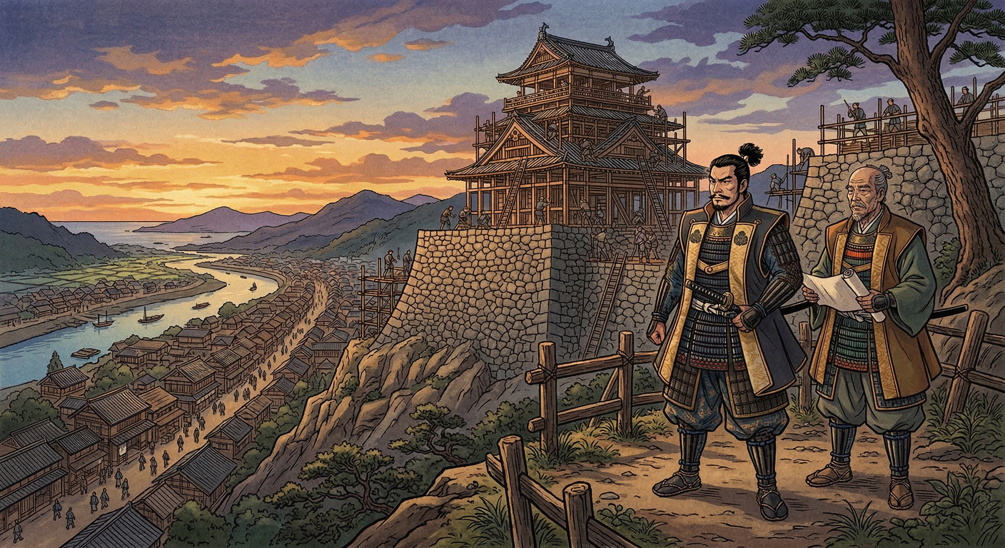 関ヶ原後、山内一豊は土佐二十四万石を拝領。浦戸一揆を鎮圧し、大高坂山に高知城を築城。百々綱家を登用し、治水と堅牢な城を築き、土佐藩の礎を築いた。