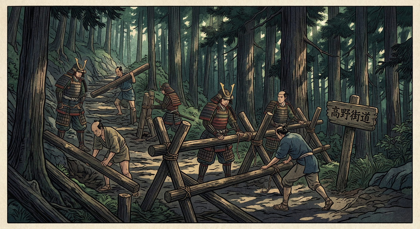 慶長五年、関ヶ原の戦乱下、高野街道は西軍の軍事確保、高野山の防衛、徳川の新秩序構築という三様の「整備」を経験。この動乱が街道を軍事路から信仰・経済路へと変え、近世の礎を築いた。