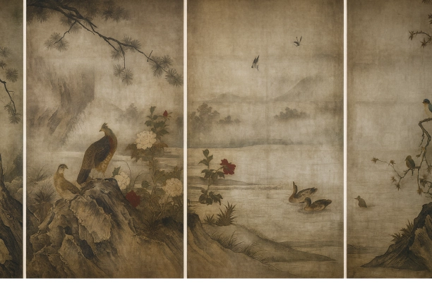 狩野元信筆「四季花鳥図」は、戦国時代に大徳寺大仙院を飾った襖絵。和漢融合様式で理想郷を表現。戦国武将の癒しと権威の象徴として機能し、時代の精神性を映す美の秩序を築いた。