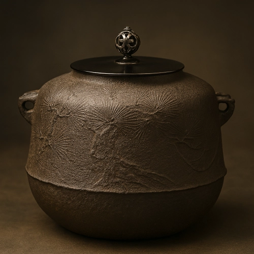尻張釜は、千利休が好み、辻与次郎が作した茶湯釜。胴下部が張り出し、安定感ある重厚な形が特徴。戦国時代の美意識と権力を映し、わび茶の精神を体現する名品。
