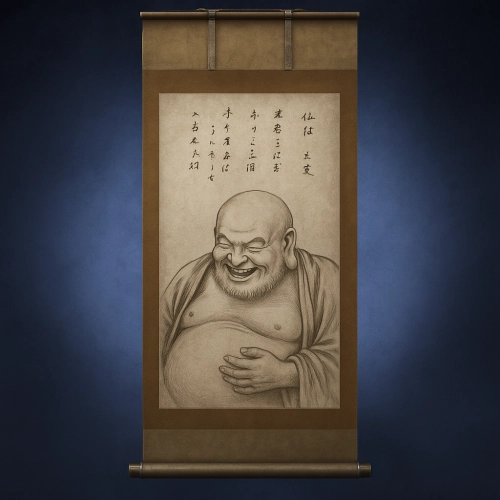 戦国時代の墨絵「布袋図」は、禅僧・契此を起源とし、弥勒菩薩の化身とされる布袋尊を描く。福徳招来の吉祥図として武将や民衆に信仰され、茶の湯の掛物としても重要。