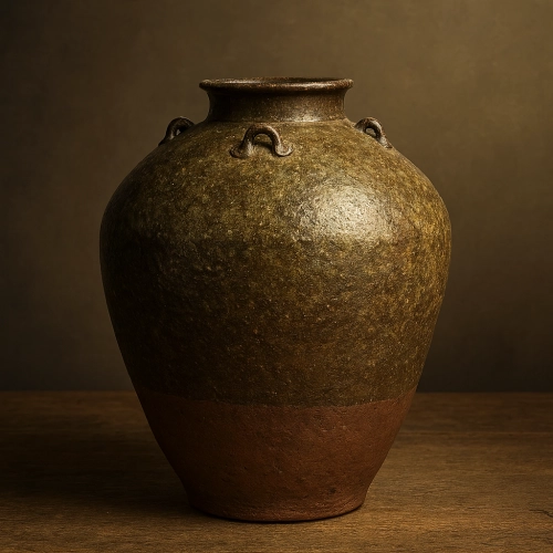 戦国茶の湯における名物葉茶壺。底へなだれかかる黒釉の器表に大小二十個もの瘤がある特異な造形が際立ち、伝来や出自に多くの謎を残す幻の名壺。