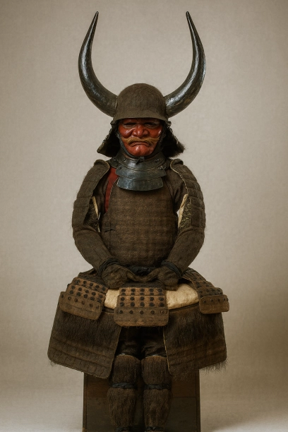 「惣黒熊毛具足」は、全身を黒い熊の毛で覆った異形の甲冑。家康所用が著名で、水牛角脇立と真紅の面頬が特徴。熊の象徴性や黒の色彩が、戦場での心理的効果と武将の変身願望を映す。