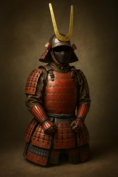 朱漆塗仏二枚胴は、戦国時代に登場した甲冑の一形式。鉄製で継ぎ目なく滑らかな仏胴を朱漆で塗り、防御力と威厳を両立。井伊直政所用が有名で、「井伊の赤備え」の象徴。