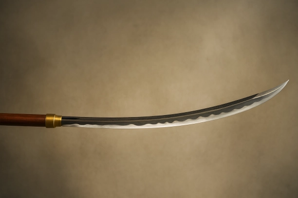 鎌倉時代の名工・来国俊作の薙刀は、優美な姿と精緻な出来栄えが特徴。戦国時代には実用性より美術品・権威の象徴として価値を高め、武将のステータスとなった。
