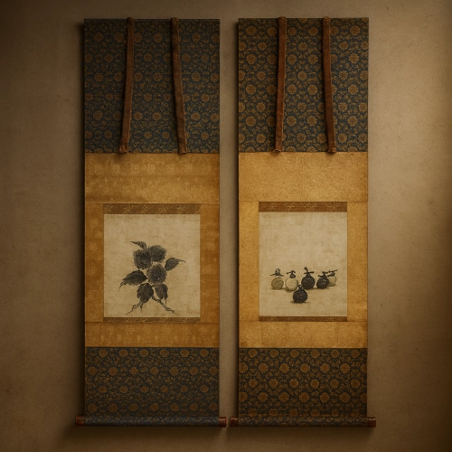 伝牧谿筆とされる一対の水墨画。豪商で茶人の津田宗及の茶会記に記され、将軍家から戦国武将らの手を経て伝来した、侘び茶の精神を象徴する至高の名画。