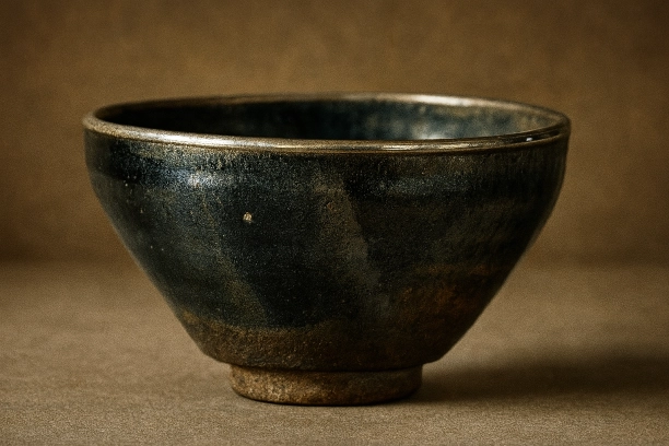 灰被虹天目は、元代の茶碗にして、漆黒と褐釉の境に虹を宿す。戦国期、わび茶の興隆と共に価値転換し、天下人の茶の湯を彩り、今にその美を伝える。