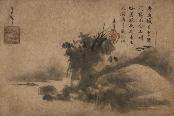 雪舟、七十六歳にして国宝「破墨山水図」を成す。戦国の世、中国画法を昇華し「破墨」を確立。自賛と高僧賛は画業継承を証し、大内氏庇護下の山口文化を映す。時代と精神を凝縮せし傑作なり。