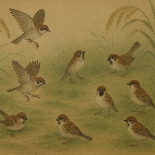 中国元代の画家・任月山の作と伝わる名画。たわわに実る稲穂の間で戯れる雀の姿を描き、戦乱による散逸で来歴に謎が多いが、武将に愛された。