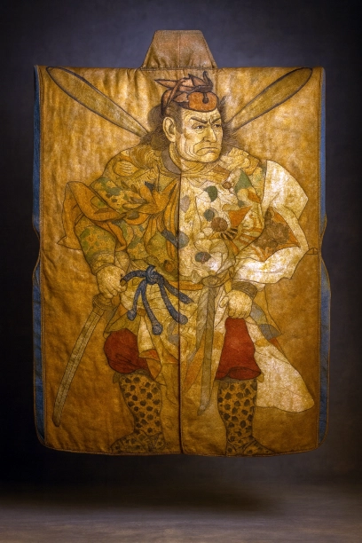 前田利家が愛用した「刺繍菊鍾馗図陣羽織」は、背面に鍾馗、前面に菊を配し、武勇と高貴な身分を象徴。桃山文化の粋を集め、利家の多面的な精神性を映す。
