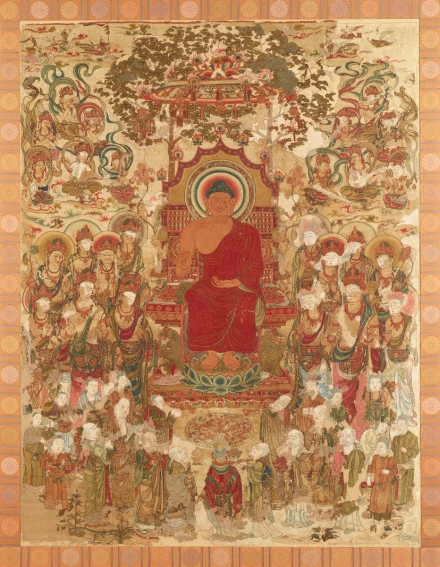 国宝「刺繍釈迦説法図」は、戦国時代に記録から消えしが、疎開と有力寺院の宝蔵、そして武将の価値観との幸運な不一致により戦火を免れ、奇跡的に現代へ伝わった。