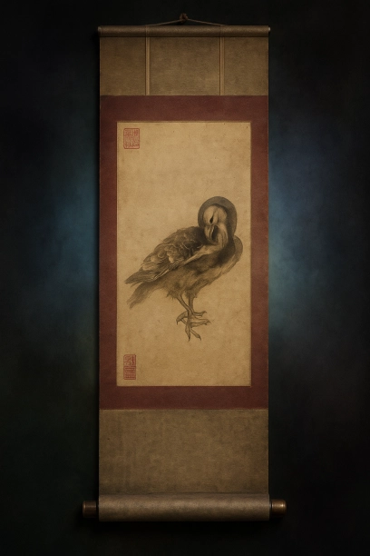 五島美術館蔵の南宋時代の花鳥画。徽宗皇帝の筆と伝わり、羽繕いする鴨の写実表現が秀逸。室町将軍家の東山御物となり、戦国時代の茶会でもてはやされた歴史を示す。